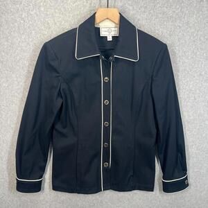 Vintage St John Sport Snap Button Collared Blazer Black White Trim Size P Logo